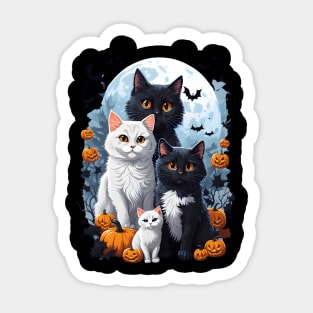 "Harmonious Halloween: Cat Lovers Under the Big Full Moon with Black and White Couple Cats" Sticker